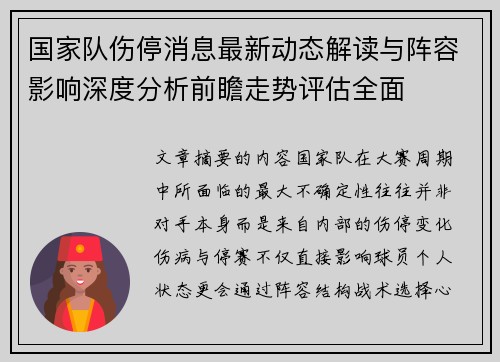 国家队伤停消息最新动态解读与阵容影响深度分析前瞻走势评估全面